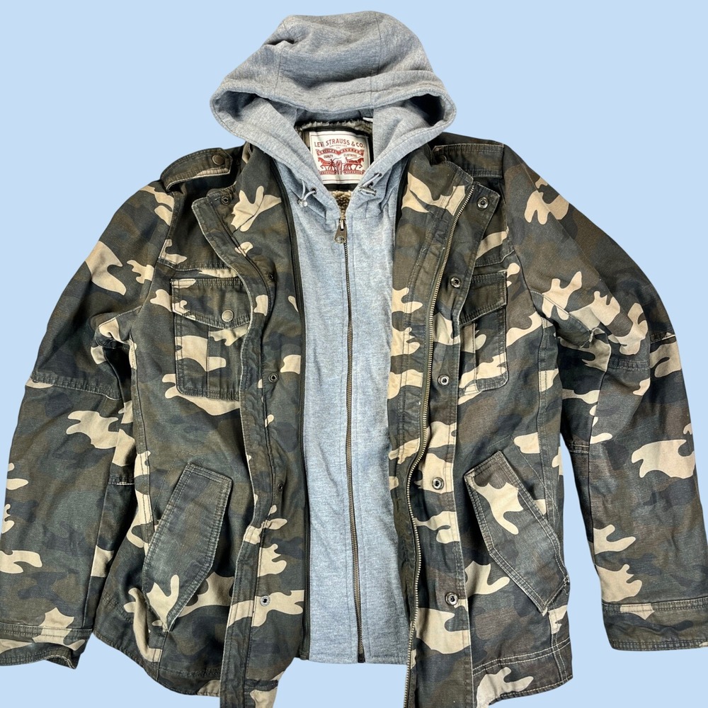 Levi Strauss Field Jacket Mens Medium Green Camo Sherpa Lined Hooded Utility